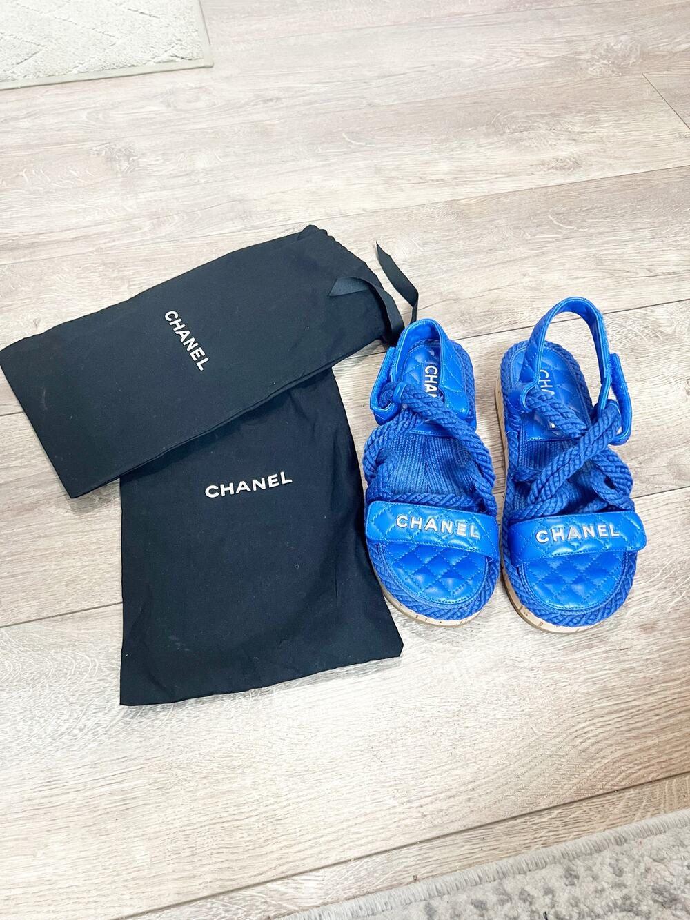 CHANEL Blue Cord Lambskin Quilted Cork Platform  Logo Sandals Size 6.5